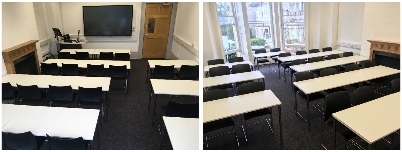 Rows of tables and chairs facing the teaching wall